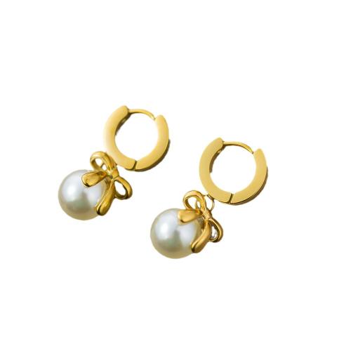 Stainless Steel Drop Earring, 304 Stainless Steel, with Plastic Pearl, fashion jewelry & for woman, golden, inside diameter 12mm, outside diameter 16mm [