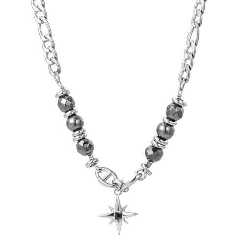 Stainless Steel Jewelry Necklace, 304 Stainless Steel, with Obsidian, with 5cm extender chain, Eight Point Star, fashion jewelry & for man, original color Approx 55 cm [