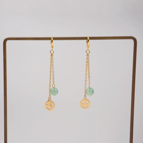 Gemstone Drop Earring, Brass, with Jade & Titanium Steel, plated, fashion jewelry, green, 68mm 