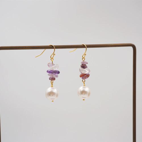 Boucle d'oreille en demi-gemme , laiton, avec pierre gemme & perle de plastique, Placage, bijoux de mode, violet, 48mm, Vendu par paire