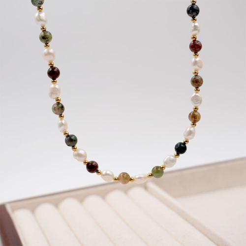 Титан ожерелье ювелирных изделий, титан, с Полудрагоценный камень & Пресноводные жемчуги, с 6cm наполнитель цепи, Другое покрытие, ювелирные изделия моды, разноцветный, длина:46 см, продается PC