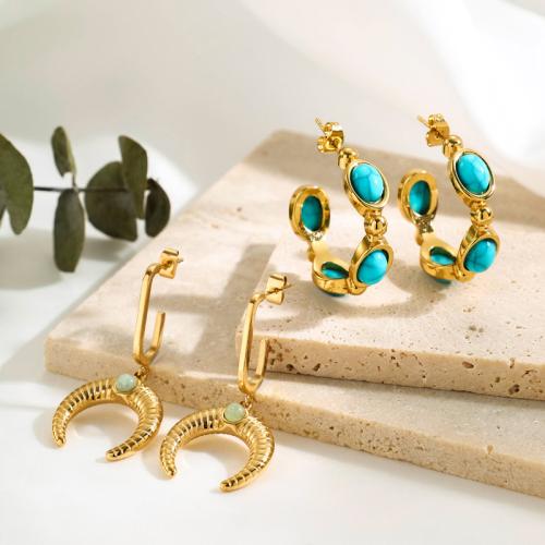 Titanium Steel Earrings, with turquoise & Gemstone, Vacuum Ion Plating & for woman, golden 