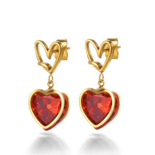 Titanium Steel Earrings, Heart, Vacuum Ion Plating & micro pave cubic zirconia & for woman, golden 