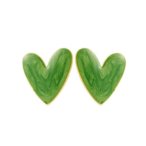 Titanium Steel Earrings, Heart, Vacuum Ion Plating & for woman & enamel, green 