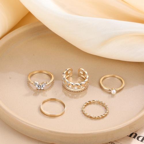 Zinc Alloy Ring Set, with Plastic Pearl, plated, 5 pieces & micro pave cubic zirconia & for woman, golden 