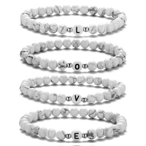 Gemstone Bracelets, Howlite, with Porcelain & Zinc Alloy, handmade, letters are from A to Z & Unisex white Approx 18-23 cm 