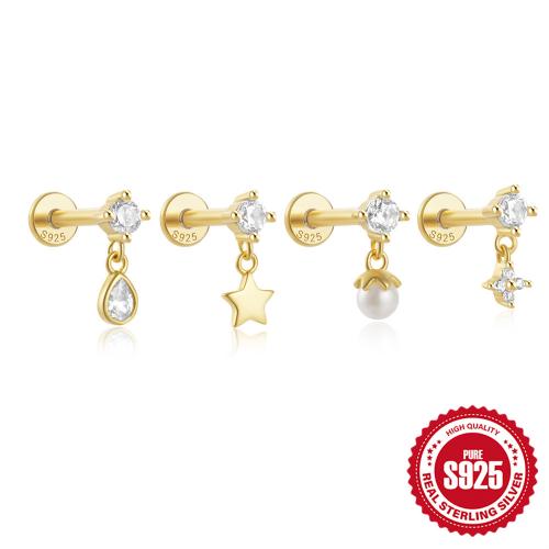 925 Sterling Silver Piercing Earring, with Plastic Pearl & micro pave cubic zirconia & for woman, 8mm 