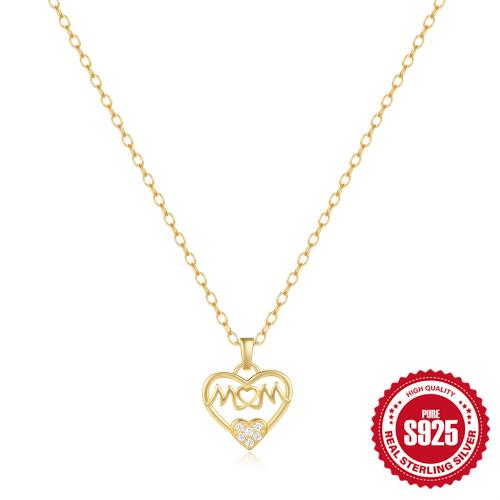 925 Sterling Silver Necklace, with 1.968inch extender chain, Heart, Mother Day Jewelry & micro pave cubic zirconia & for woman & hollow Approx 15.74 Inch 