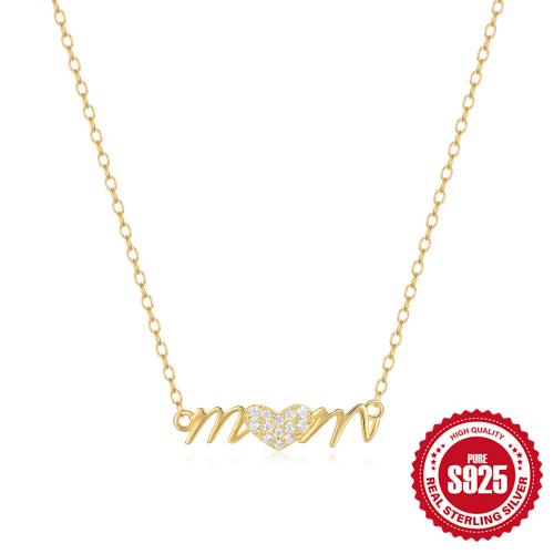 925 Sterling Silver Necklace, with 1.968inch extender chain, Alphabet Letter, Mother Day Jewelry & micro pave cubic zirconia & for woman Approx 15.74 Inch 