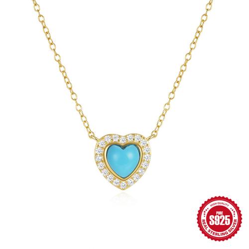 Cubic Zirconia Micro Pave Sterling Silver Necklace, 925 Sterling Silver, with turquoise, with 1.97inch extender chain, Heart, gold color plated, oval chain & micro pave cubic zirconia & for woman Approx 15.75 Inch 