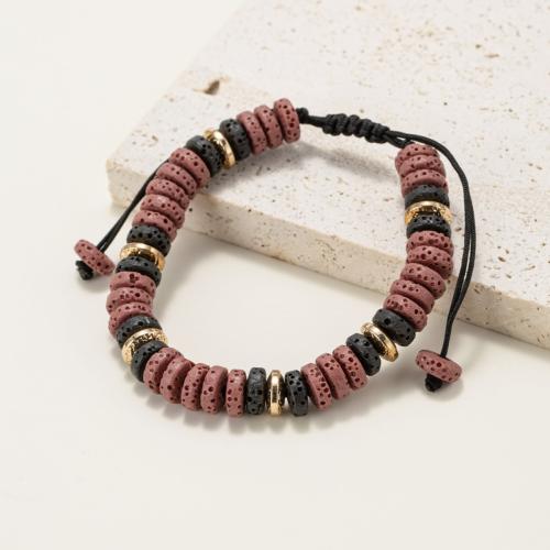 Lava Bead Bracelet, with Knot Cord & Zinc Alloy, Flat Round, gold color plated, Adjustable & fashion jewelry & Unisex, mixed colors, 3mm 