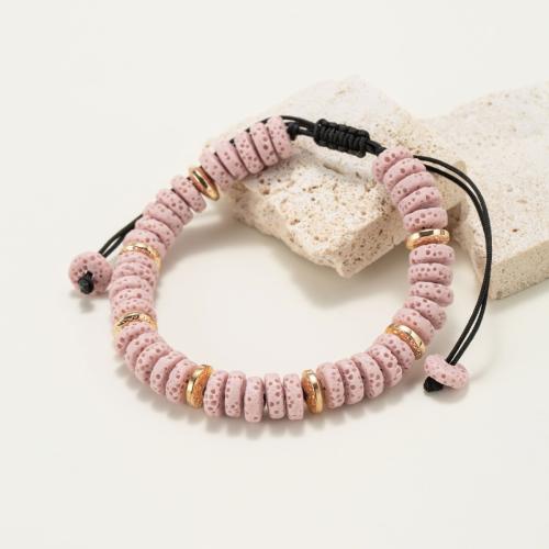 Lava Bead Bracelet, with Knot Cord & Zinc Alloy, Flat Round, gold color plated, Adjustable & fashion jewelry & Unisex, pink, 3mm 