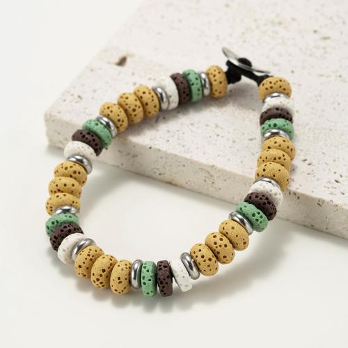 Bracelet de perles de lave, lave volcanique, avec Acier titane, Plat rond, bijoux de mode & unisexe, couleurs mélangées, Vendu par PC