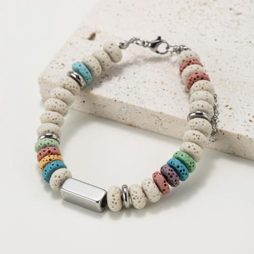 Lava Bead Bracelet, with Titanium Steel & Zinc Alloy, Flat Round, silver color plated, fashion jewelry & Unisex, mixed colors 