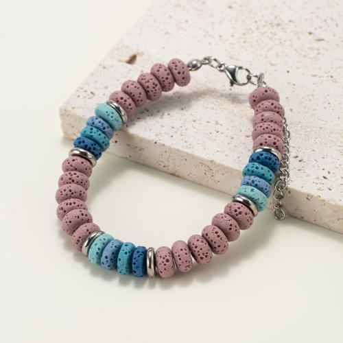 Lava Bead Bracelet, with Titanium Steel, Flat Round, fashion jewelry & Unisex, mixed colors 