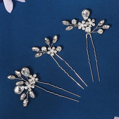 Hair Stick, Zinc Alloy & for woman & with rhinestone, silver color 