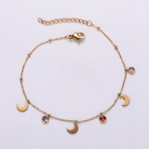 Stainless Steel Charm Bracelet, 316L Stainless Steel, with 3cm extender chain, 18K gold plated & for woman & with rhinestone, golden Approx 18 cm 