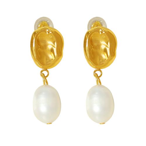 Freshwater Pearl Drop Earring, 304 Stainless Steel, with Freshwater Pearl, 18K gold plated, fashion jewelry & for woman, golden [