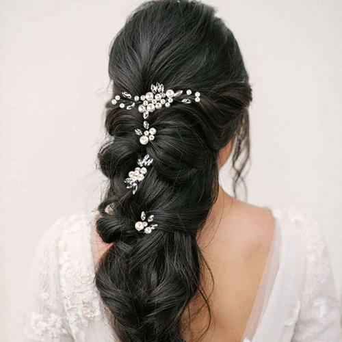 Messing Haar Schmuck Set, mit Kunststoff Perlen, silberfarben plattiert, für Braut & mit Strass, 4PCs/setzen, verkauft von setzen