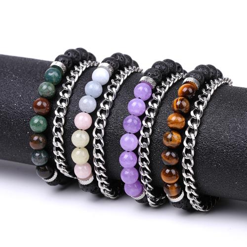 Gemstone Bracelets, Lava, with Natural Stone & Nylon Cord & 304 Stainless Steel, fashion jewelry & Unisex Bracelet length 17-26cm 
