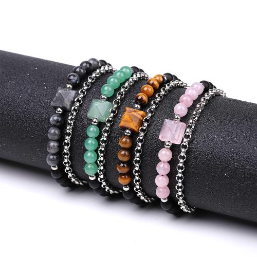 Gemstone Bracelets, Black Stone, with Natural Stone & Nylon Cord & 304 Stainless Steel, fashion jewelry & Unisex Bracelet length 17-26cm 