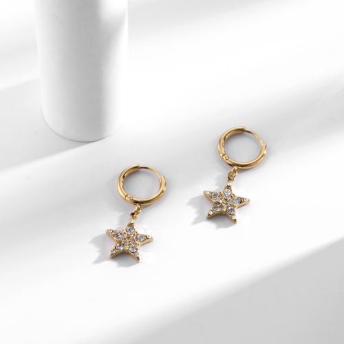 Titanium Steel Earrings, Star, Vacuum Ion Plating, micro pave cubic zirconia & for woman, golden 
