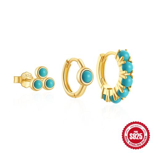 925 Sterling Silver Earring Set, with turquoise, gold color plated, 3 pieces & for woman [