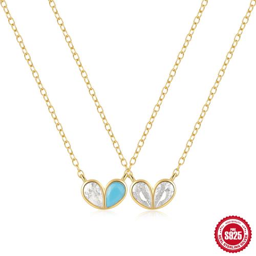 925 Sterling Silver Necklace, with turquoise, with 1.968inch extender chain, Heart, oval chain & micro pave cubic zirconia & for woman Approx 15.74 Inch 