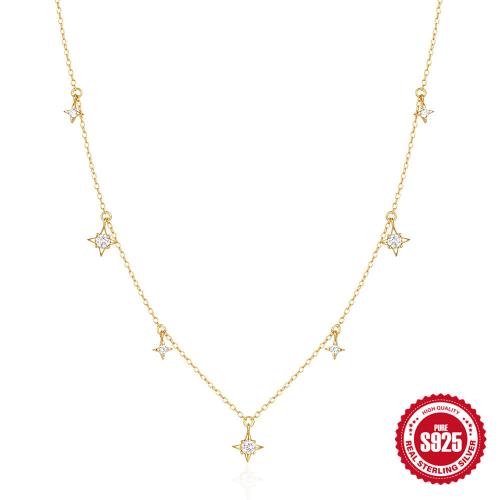 925 Sterling Silver Necklace, with 1.97inch extender chain, gold color plated, oval chain & micro pave cubic zirconia & for woman Approx 15.7 Inch 