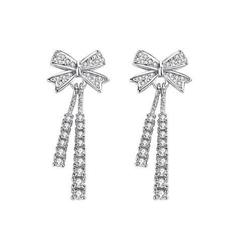 925 Sterling Silver Drop Earring, Bowknot, platinum plated, micro pave cubic zirconia & for woman 