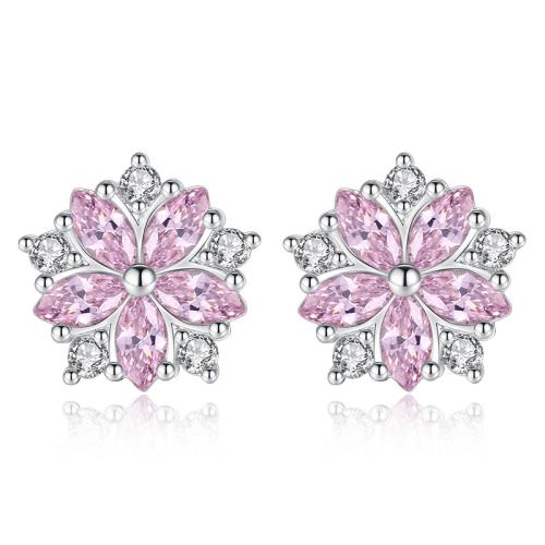 925 Sterling Silver Stud Earring, Flower, platinum plated, with plastic earnut & micro pave cubic zirconia & for woman 