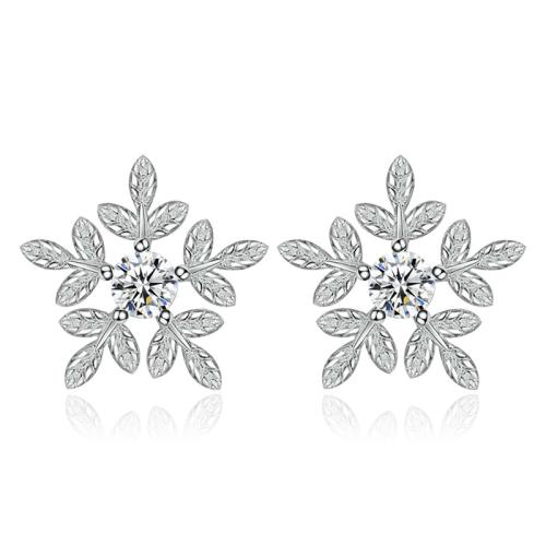 925 Sterling Silver Stud Earring, Snowflake, platinum plated, micro pave cubic zirconia & for woman, 10mm 