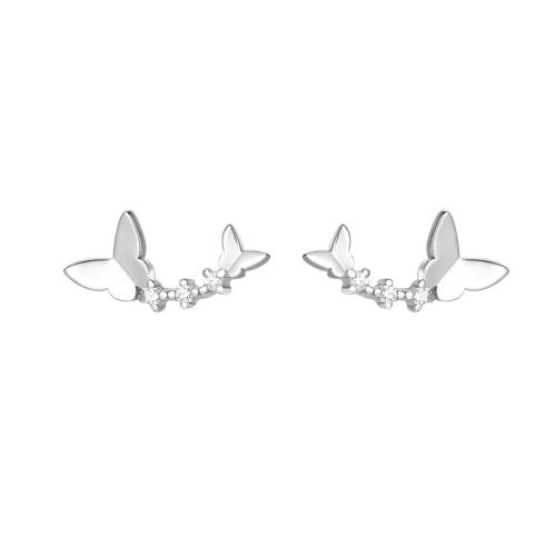 925 Sterling Silver Stud Earring, Butterfly, platinum plated, Korean style & for woman & with rhinestone 
