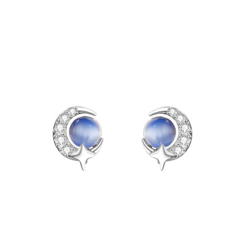 925 Sterling Silver Stud Earring, with Cats Eye, Moon and Star, platinum plated, Korean style & for woman & with rhinestone 