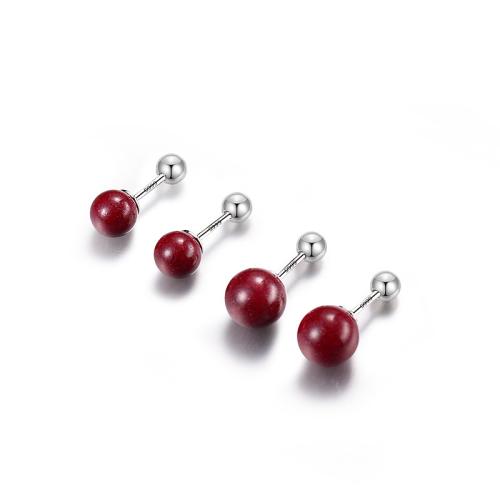 925 Sterling Silver Stud Earring, with Cinnabar, Round & for woman 