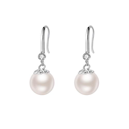 925 Sterling Silver Drop Earring, with Plastic Pearl, Round, platinum plated, for woman & with rhinestone 