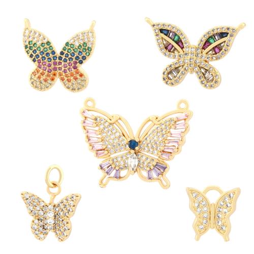 Cubic Zirconia Micro Pave Brass Pendant, Butterfly, gold color plated, fashion jewelry & DIY & micro pave cubic zirconia & double-hole 