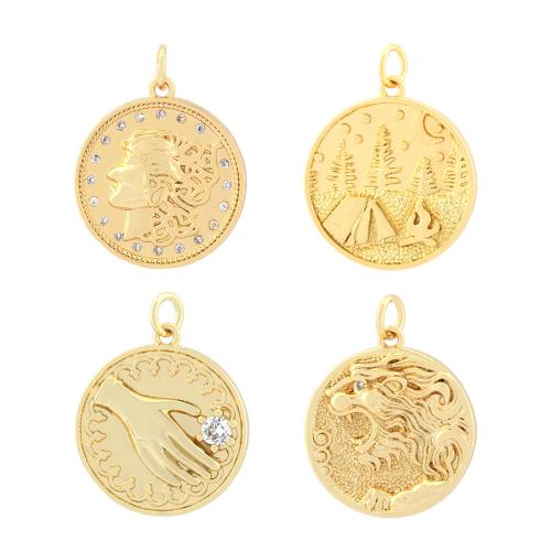 Cubic Zirconia Micro Pave Brass Pendant, Flat Round, gold color plated, fashion jewelry & DIY & micro pave cubic zirconia 