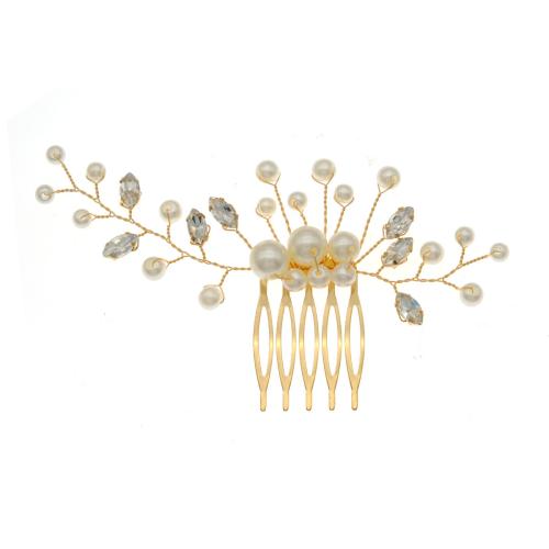 Peinetas Decorativas, aleación de zinc, con Perlas plásticas, Joyería & para mujer & con diamantes de imitación, dorado, 120x65mm, Vendido por UD