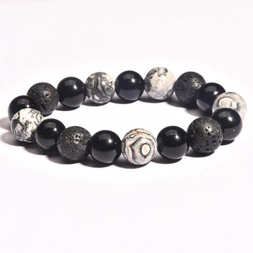 Gemstone Bracelets, Lava, with Map Stone & Black Agate, Round, fashion jewelry & Unisex white and black Approx 19-19.5 cm 