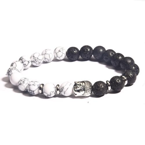 Gemstone Bracelets, Howlite, with Lava & Zinc Alloy, Buddha, fashion jewelry & Unisex, white and black mm Approx 19-19.5 cm 