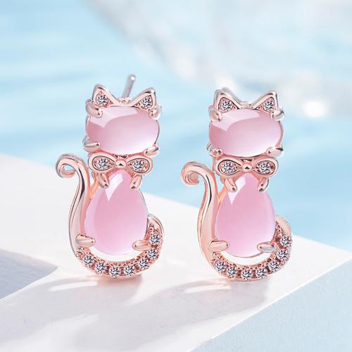 Rhinestone Brass Stud Earring, with Rose Quartz, Cat, plated, for woman & with rhinestone 