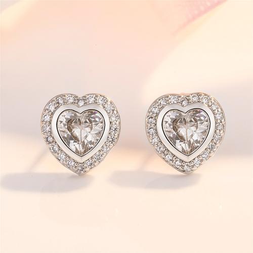 Rhinestone Brass Stud Earring, Heart, plated, for woman & with rhinestone 