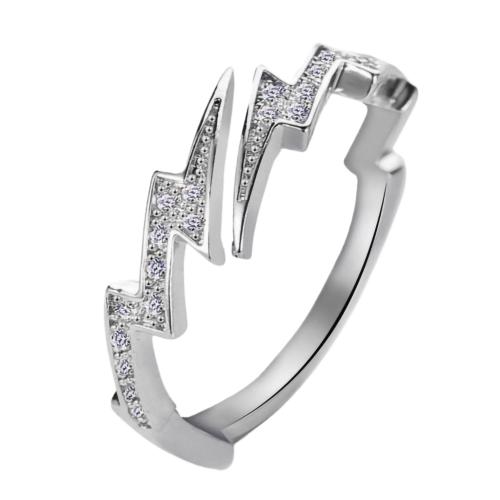 Rhinestone Brass Finger Ring, Lightning Symbol, plated, for woman & with rhinestone inner ~20mm 