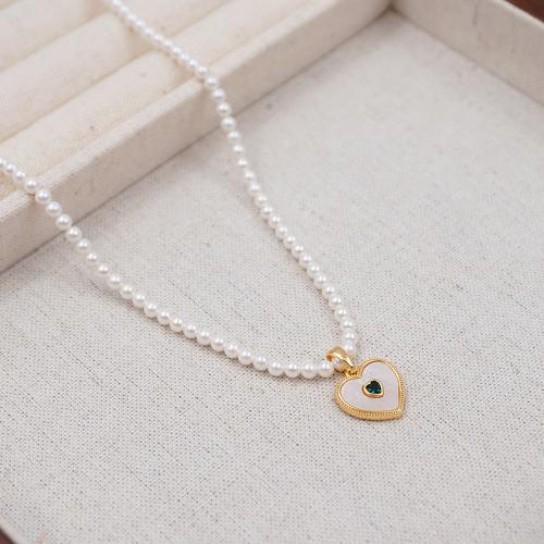 Crystal Necklace, Crystal Pearl, with Titanium Steel & Shell & Brass, with 6cm extender chain, Heart, plated, fashion jewelry, white cm 