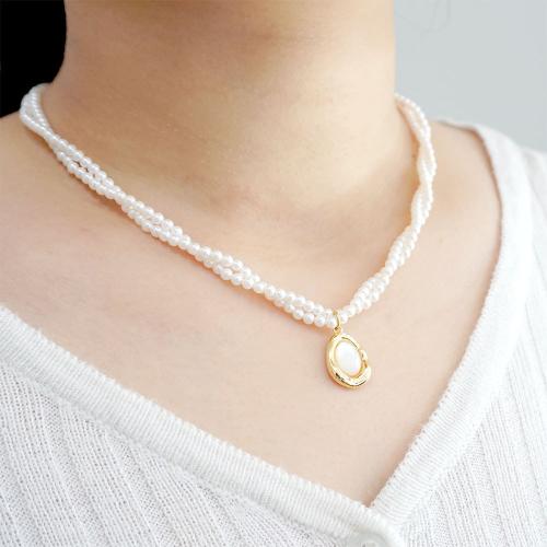 Crystal Necklace, Crystal Pearl, with Shell & Brass, with 6cm extender chain, plated, fashion jewelry, white cm 