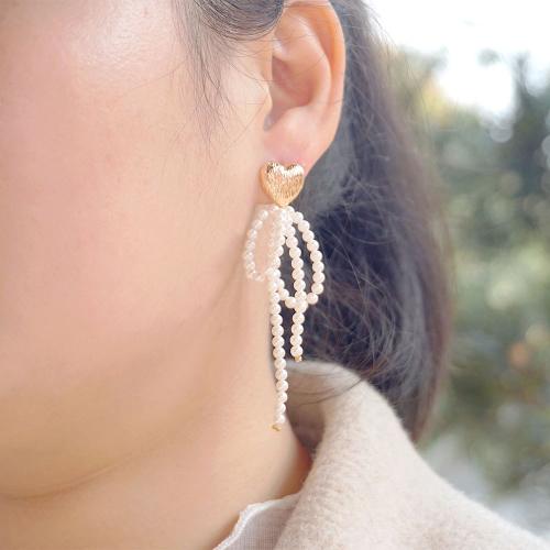 Crystal Drop Earring, Crystal Pearl, with Brass, Bowknot, plated, fashion jewelry, white, 75mm 