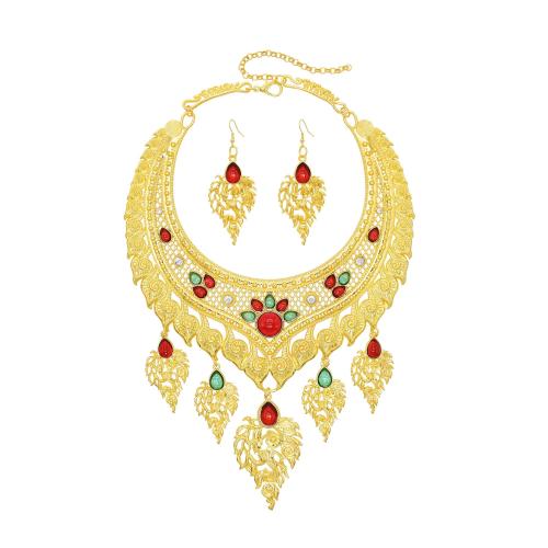 Fashion Zinc Alloy Jewelry Sets, earring & necklace, with Resin, plated & for woman & with rhinestone, golden 
