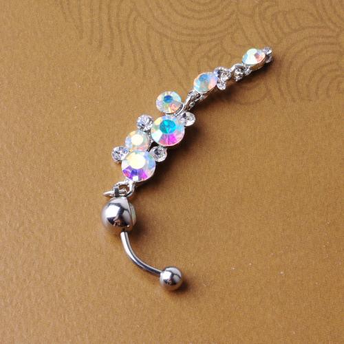 Stainless Steel Belly Ring, Zinc Alloy, with 316 Stainless Steel, Unisex & with Czech rhinestone, multi-colored, 5MM steel ball *1.6*11MM bend rod 