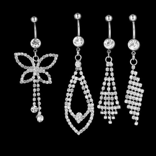 Belly Ring Jewelry, 304 Stainless Steel & for woman & with rhinestone, silver color, 5MM steel ball *1.6*10MM bend rod 